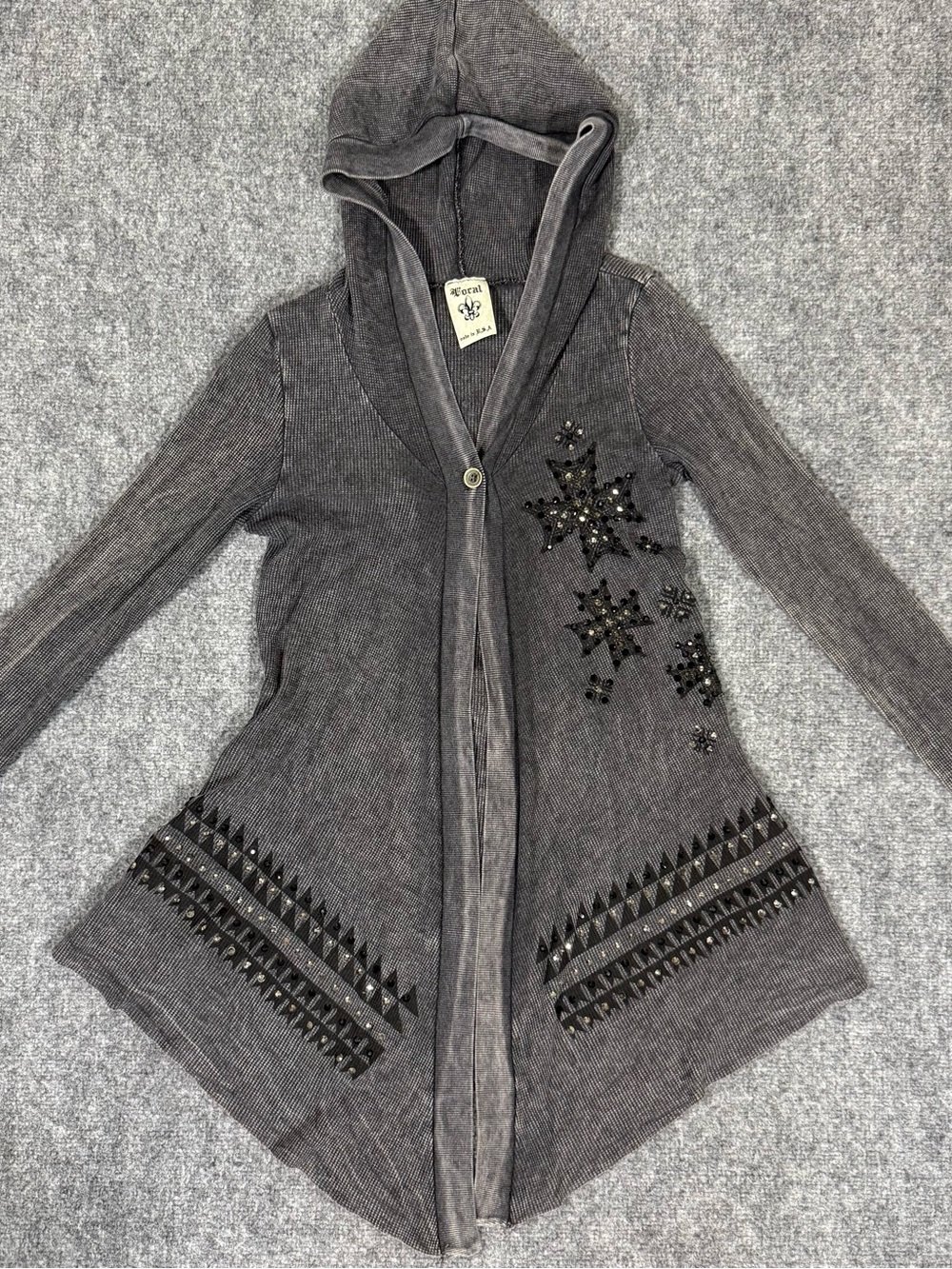 Vocal USA Hooded Waffle Knit Cardigan Rhinestone Embellished